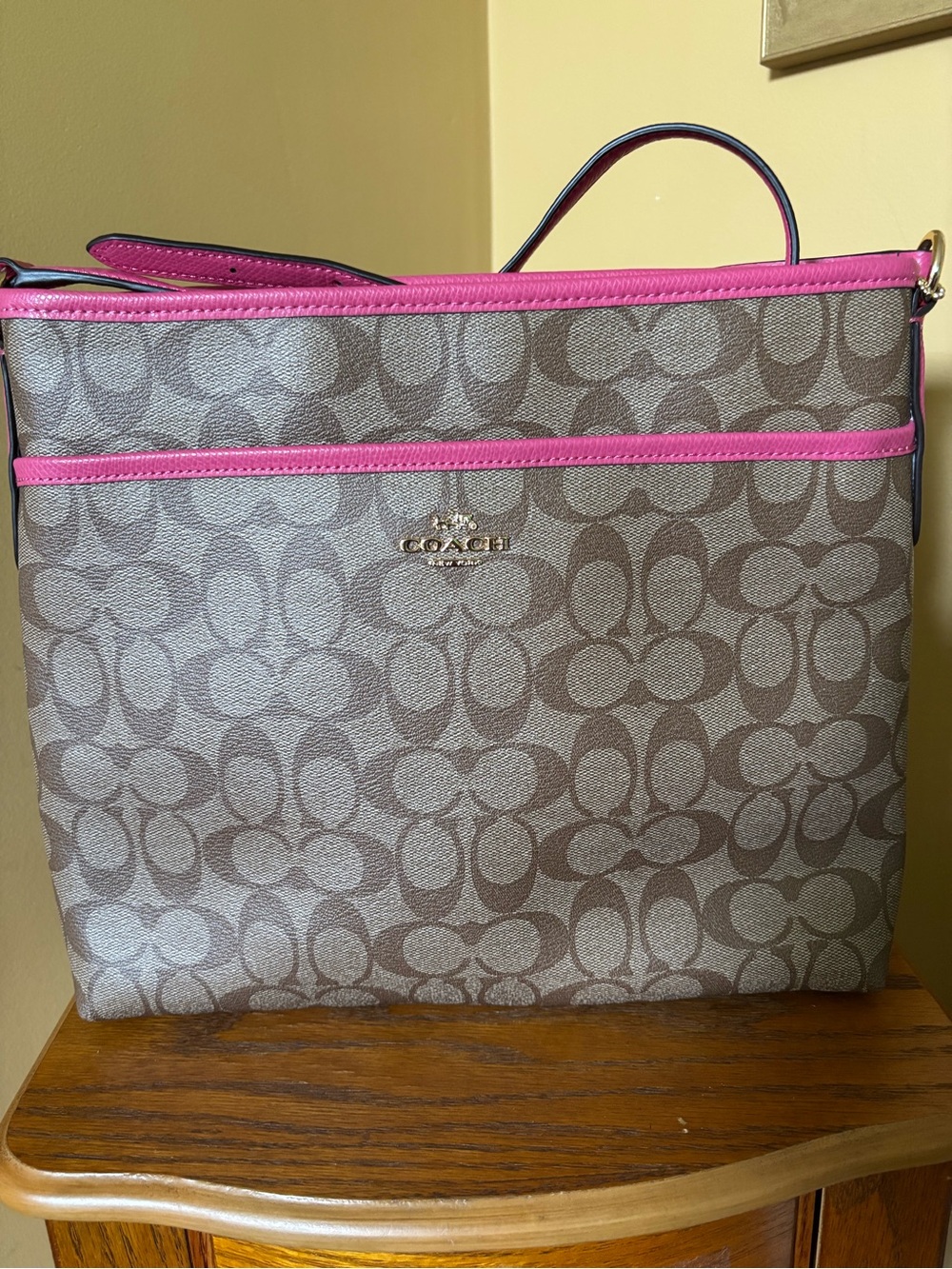 Coach Canvas Tote with Brown Signature Print and Pink Trim